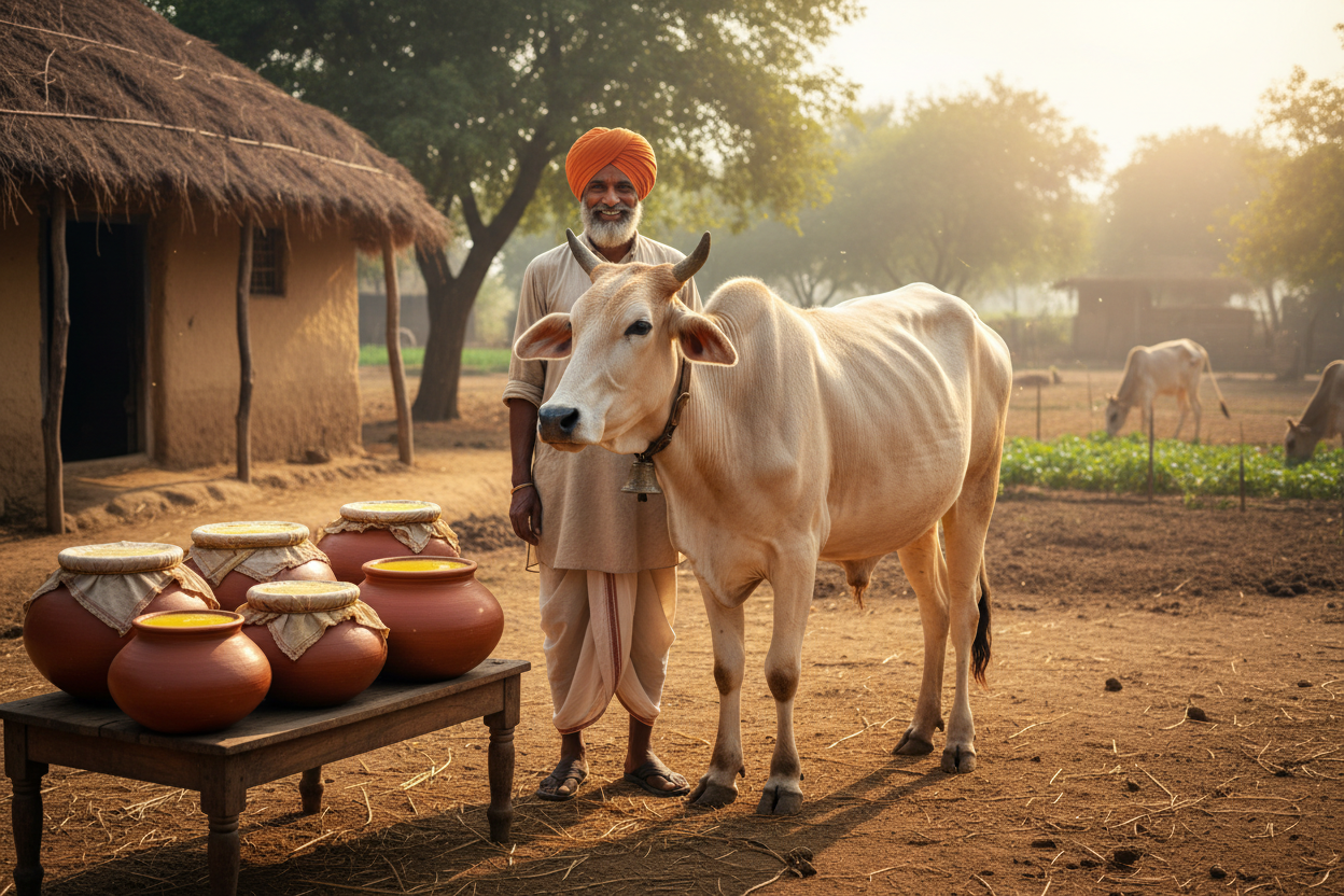 farmer with cow and ghe